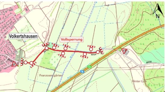 Karte der Vollsperrung der K 6120 zwischen Volkertshausen und Wiechs